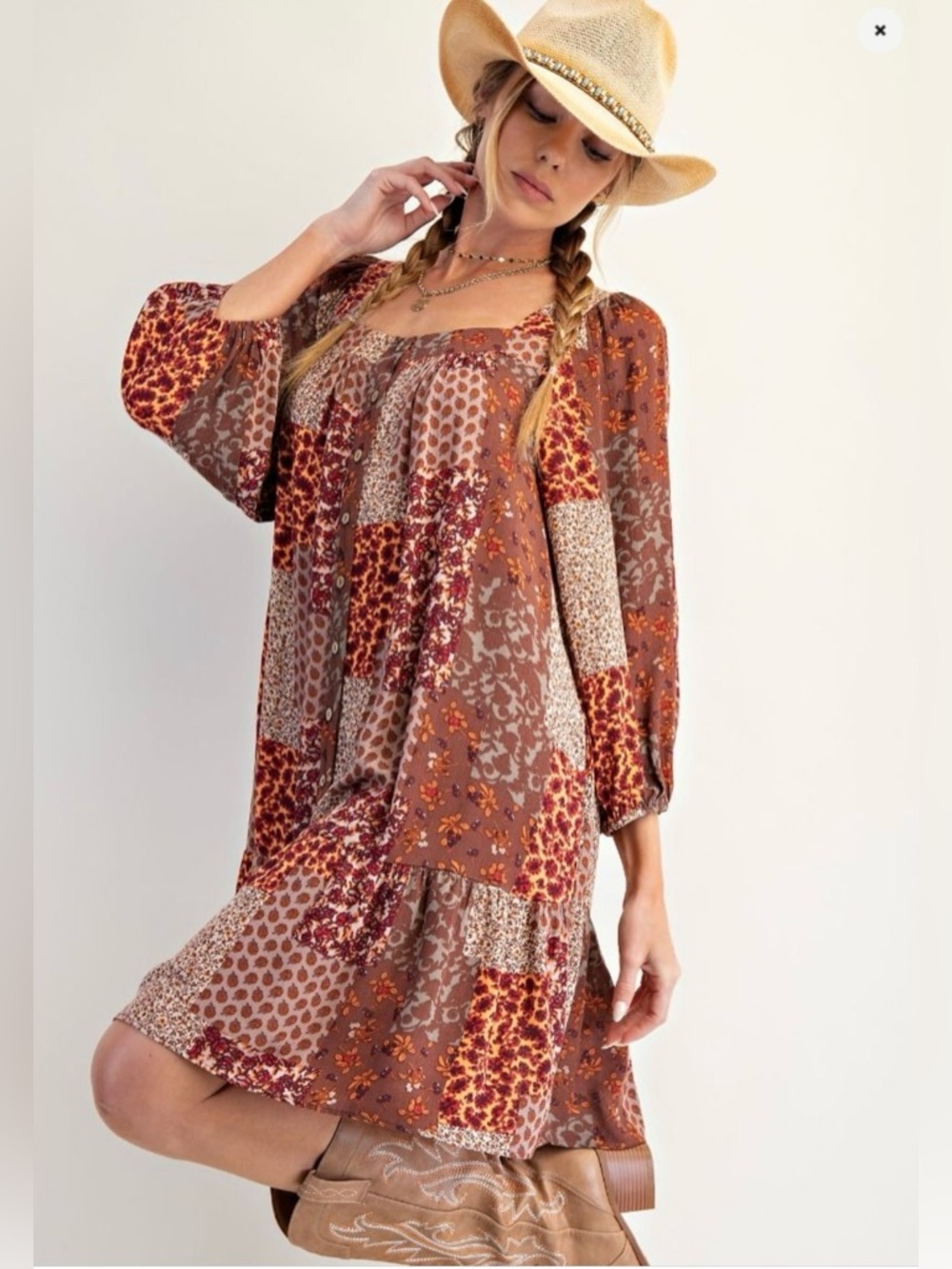 106. NWT EASEL Boho Patchwork Dress in Rust Brown